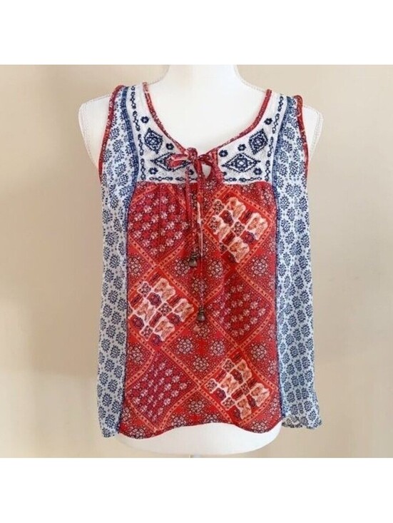 Jolt Tops - Jolt Tank Top Womens Medium Red Blue Mixed Print Lace Back Boho Patchwork